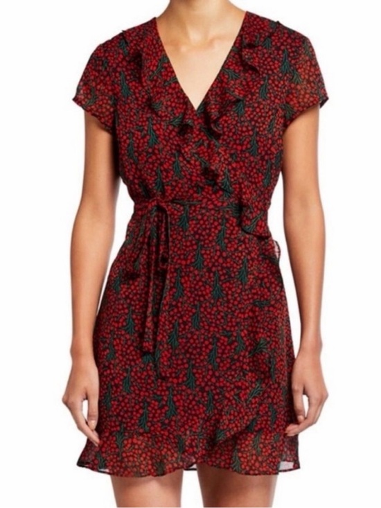 Bardot Dresses & Skirts - Bardot Black Red Cherry Print Faux Wrap Ruffle Mini Dress 6